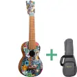 Martin 0XK sopranukulele med fargerike Life is Good-merker på lokket ved siden av en grå Martin-gigbag