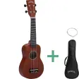 Santana U01 sopranukulele i brun satin ved siden av en sort Santana-bag