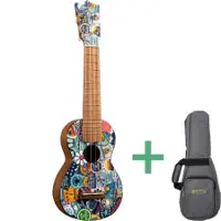 Martin 0XK sopranukulele med fargerike Life is Good-merker på lokket ved siden av en grå Martin-gigbag