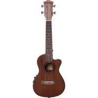 Santana U6 C konsert-ukulele i mahogni med cutaway og forforsterker på siden, sett forfra