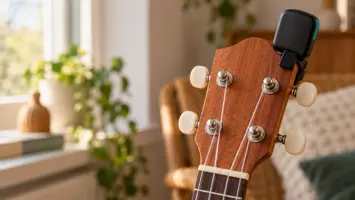 Nærbilde av hodet på en ukulele med fire stemmeskruer og en klypetuner festet med skjermen vendt bort