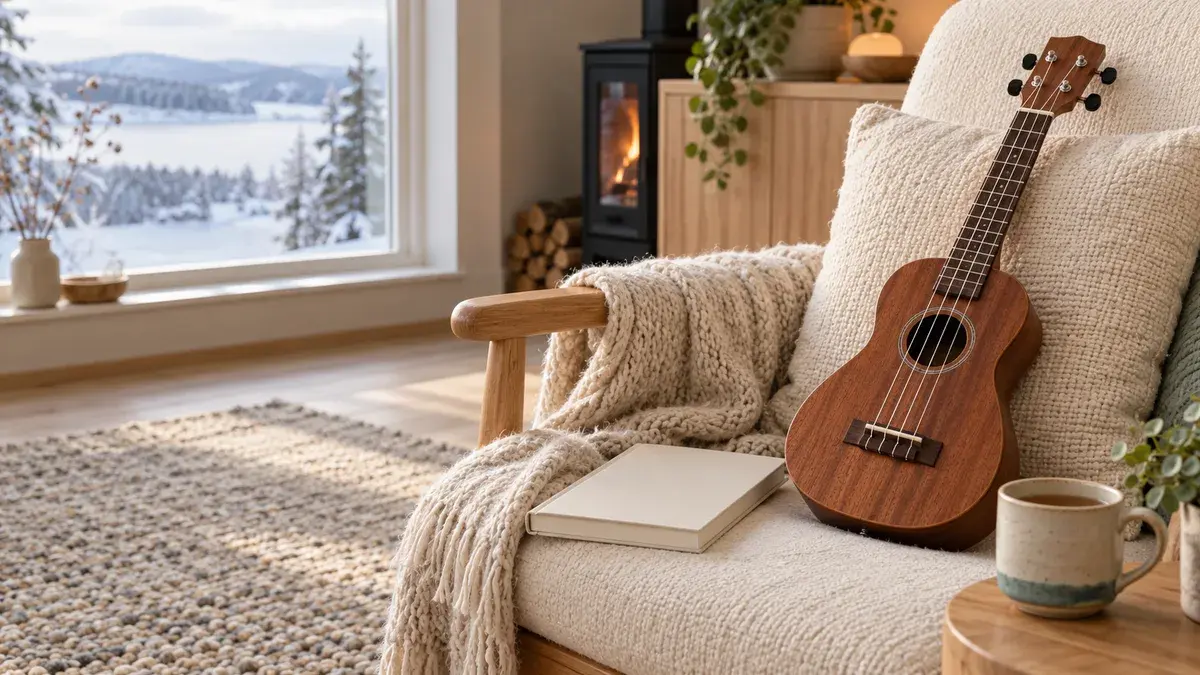 En ukulele hviler i en lenestol ved siden av en lukket notebok og en kopp te i en rolig stue med vinterlys