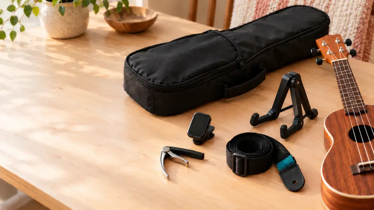 Ukuleletilbehør på et skrivebord i lyst tre, med polstret bag, klypetuner, capo, stativ og reim ved siden av en ukulele