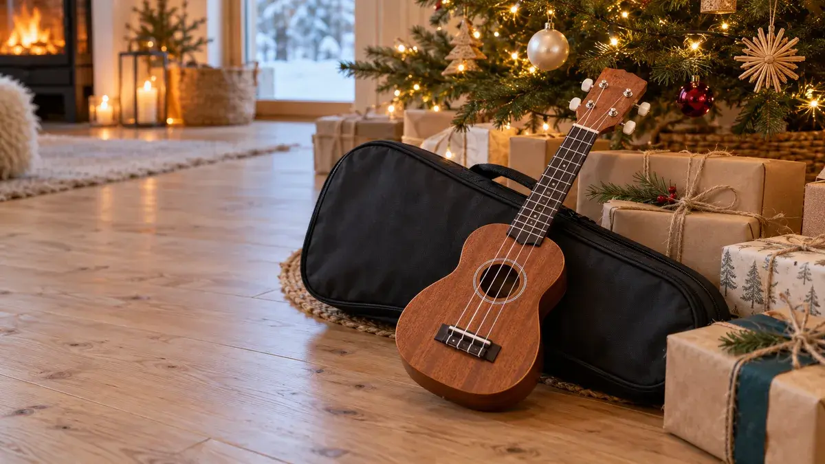 En liten brun sopranukulele og en svart bag ligger under juletreet ved siden av gaver pakket i brunt papir