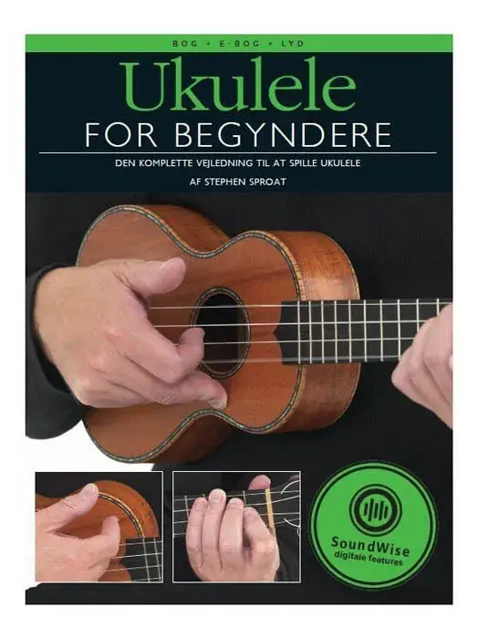 Forsiden av Ukulele for begyndere med en hånd som slår an strengene på en brun ukulele