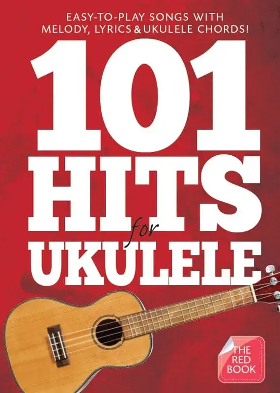 Rød forside på 101 Hits for Ukulele, The Red Book, med en ukulele nederst