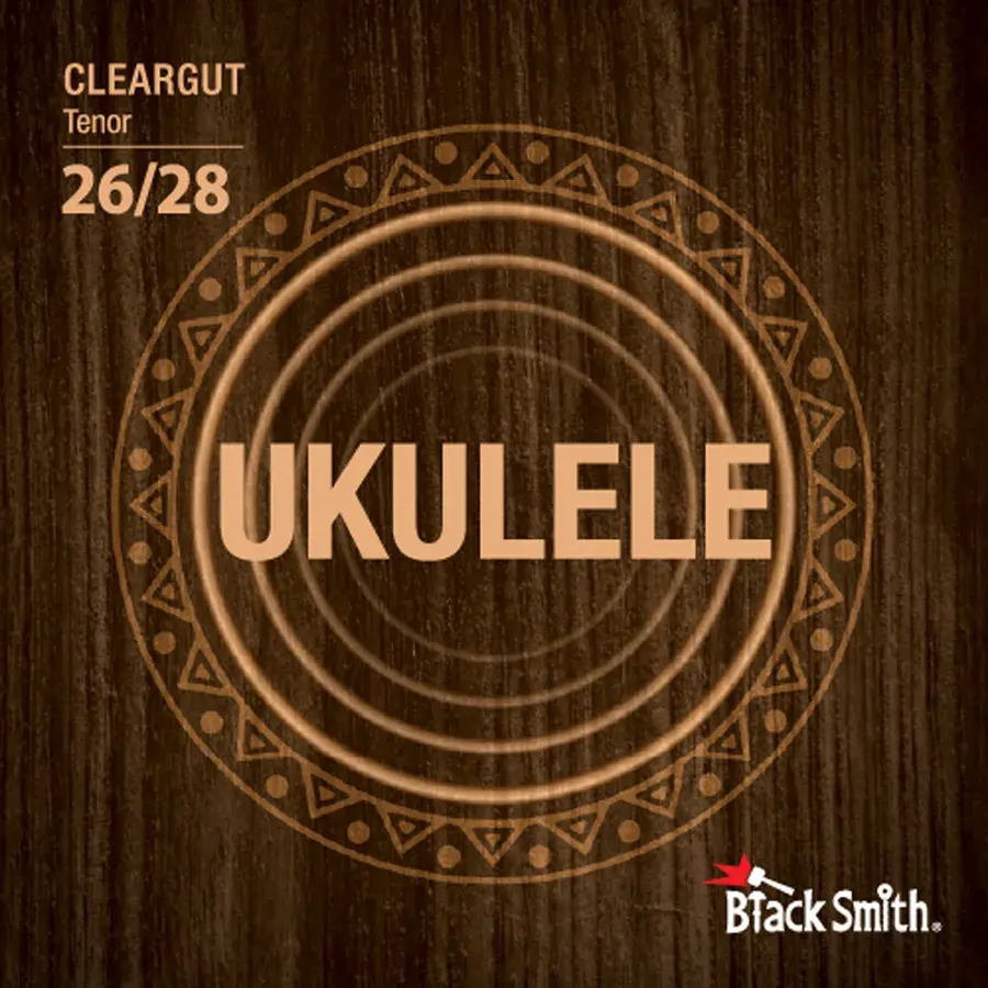 BlackSmith Cleargut-strengepakke merket Tenor, med stor ukuleletekst på mørk trebakgrunn