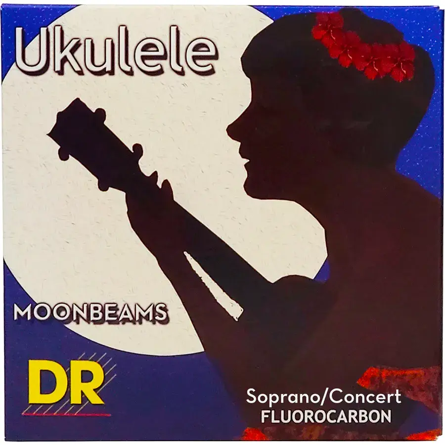 Esken til DR Moonbeams-strenger for sopran og konsert, med silhuett av en ukulelespiller foran månen