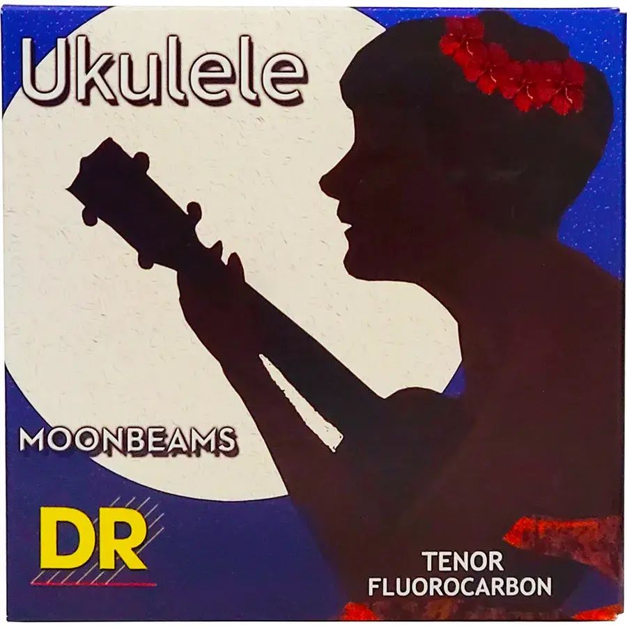 Esken til DR Moonbeams tenorstrenger i fluorkarbon, med silhuett av en ukulelespiller foran månen