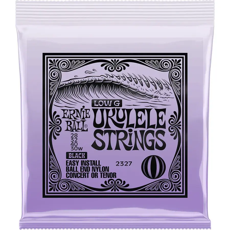 Lilla pakke med Ernie Ball 2327 Low G ukulelestrenger, merket Black, Ball End Nylon og Concert or Tenor
