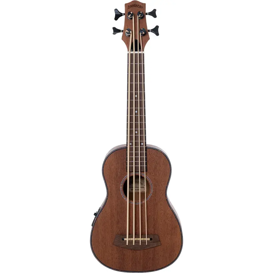 Santana U6 BS bassukulele i mahogni med tykke bass-strenger og bassmekanikker, sett forfra