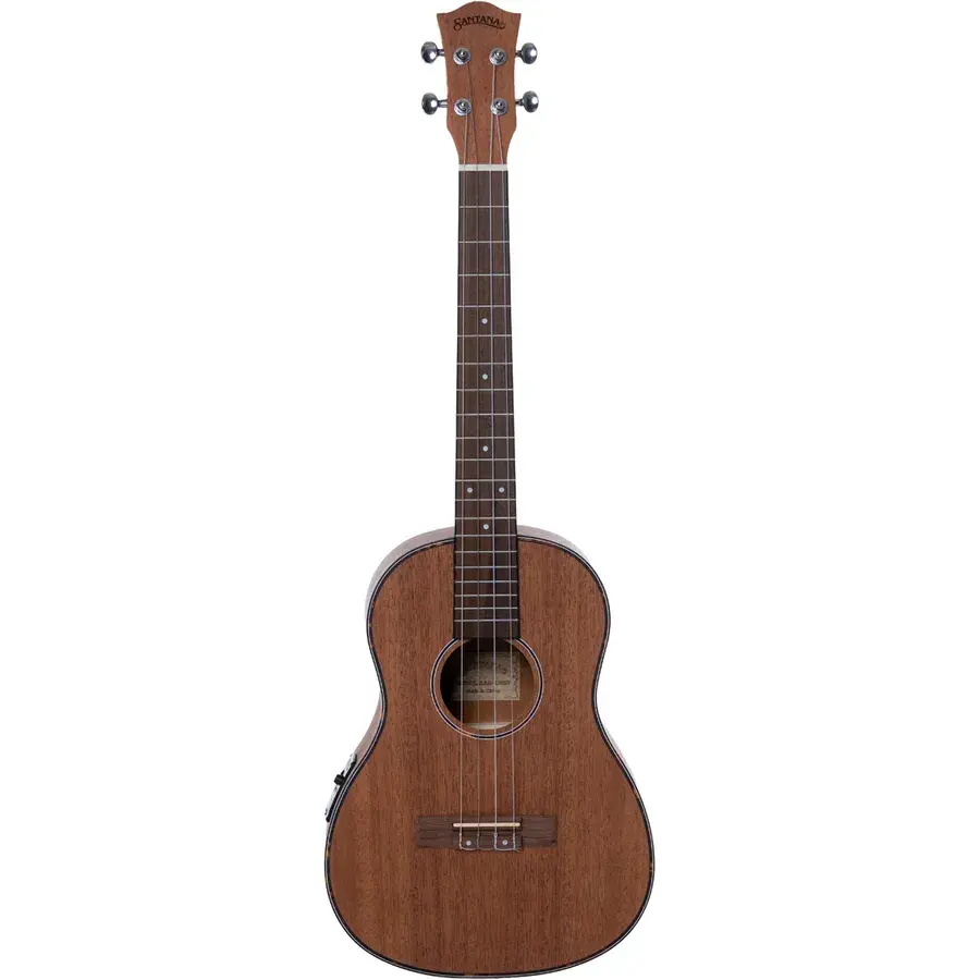 Santana U6 BT barytonukulele i mahogni uten cutaway, med forforsterker på siden