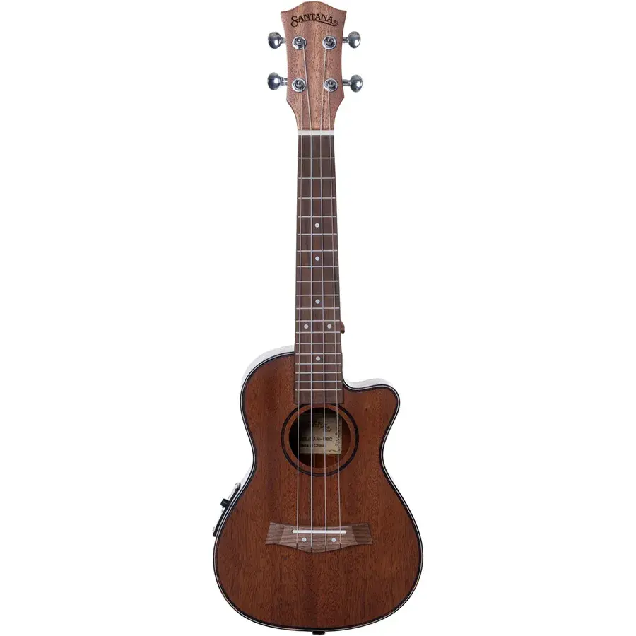 Santana U6 C konsert-ukulele i mahogni med cutaway og forforsterker på siden, sett forfra