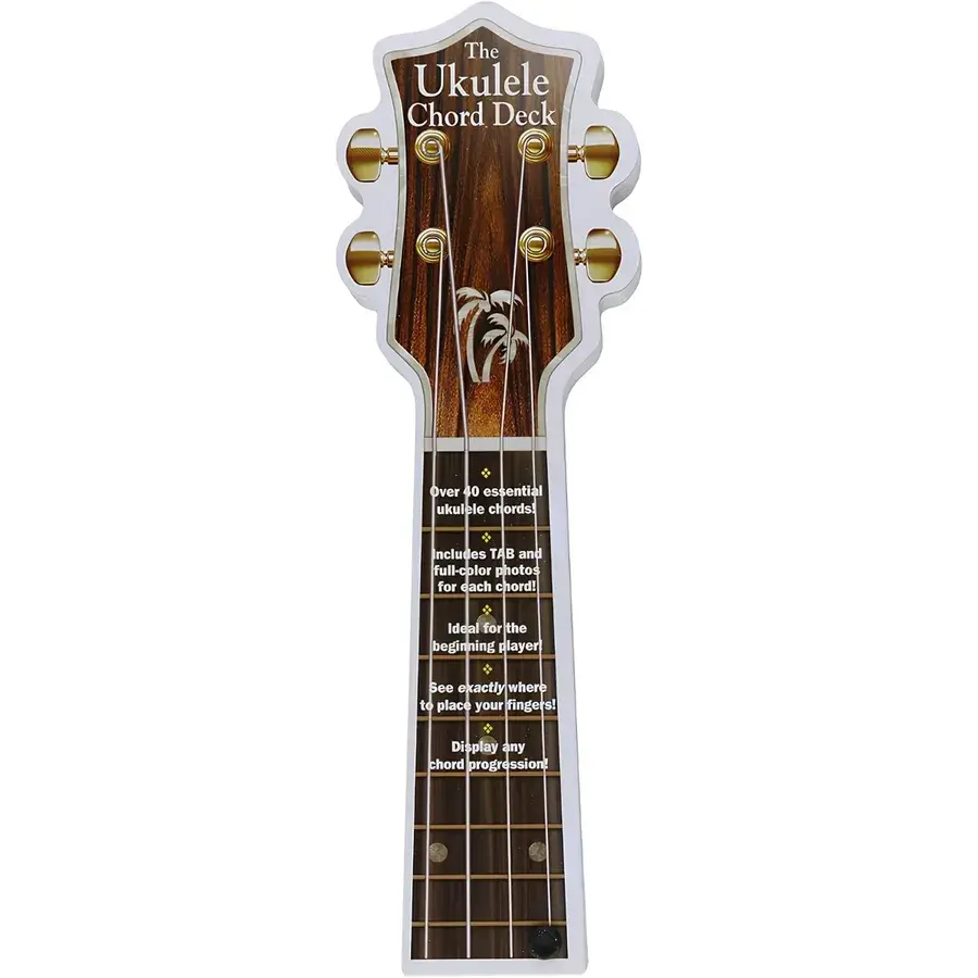 The Ukulele Chord Deck formet som et ukulelehode med stemmeskruer og gripebrett på omslaget